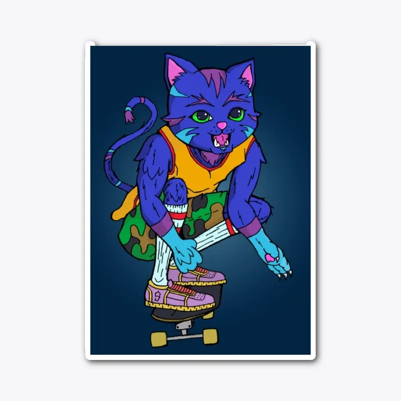 Cool Blue Cat Shredding a Skateboard